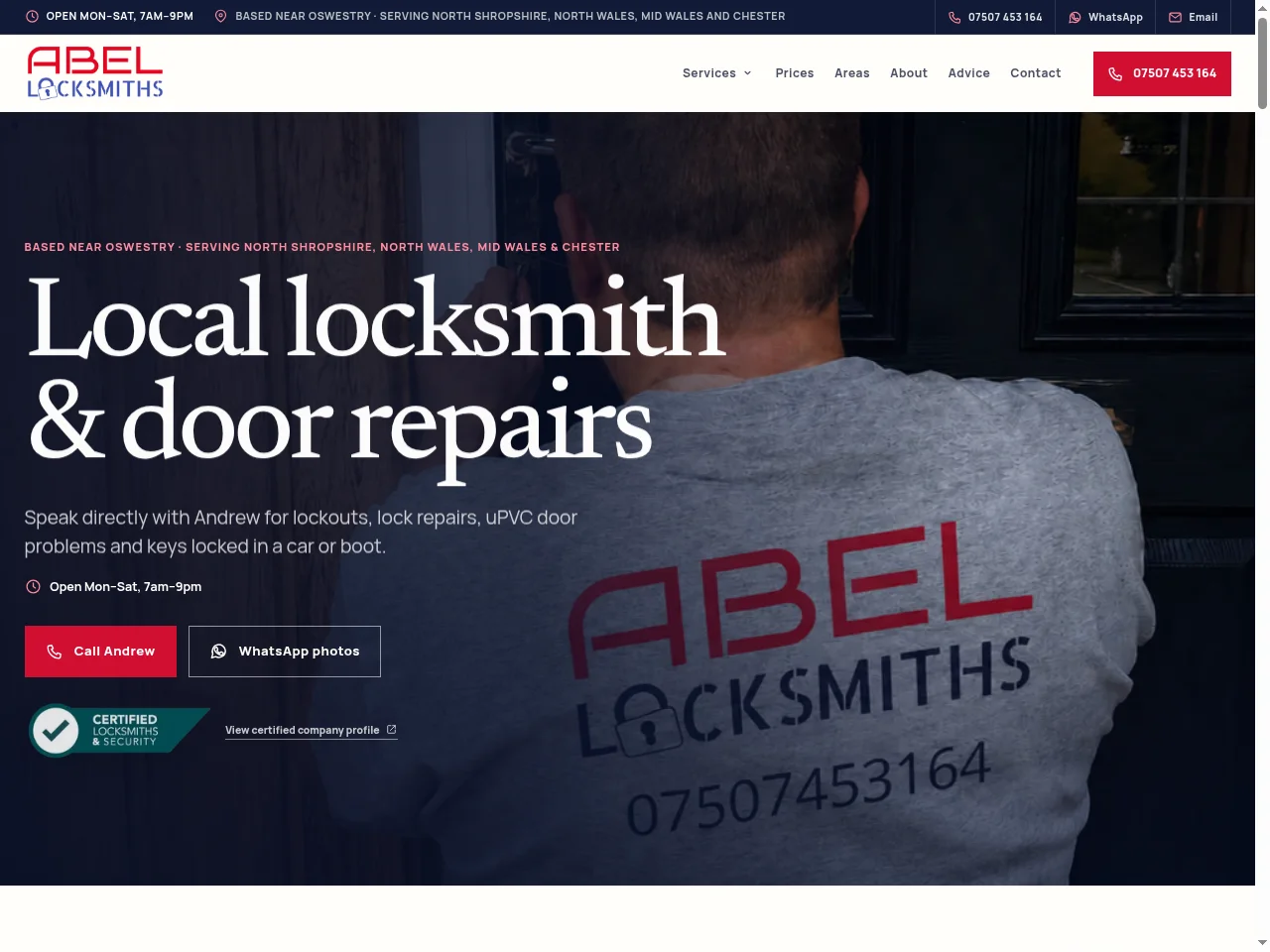 Abel Locksmiths website with local locksmith services and contact details