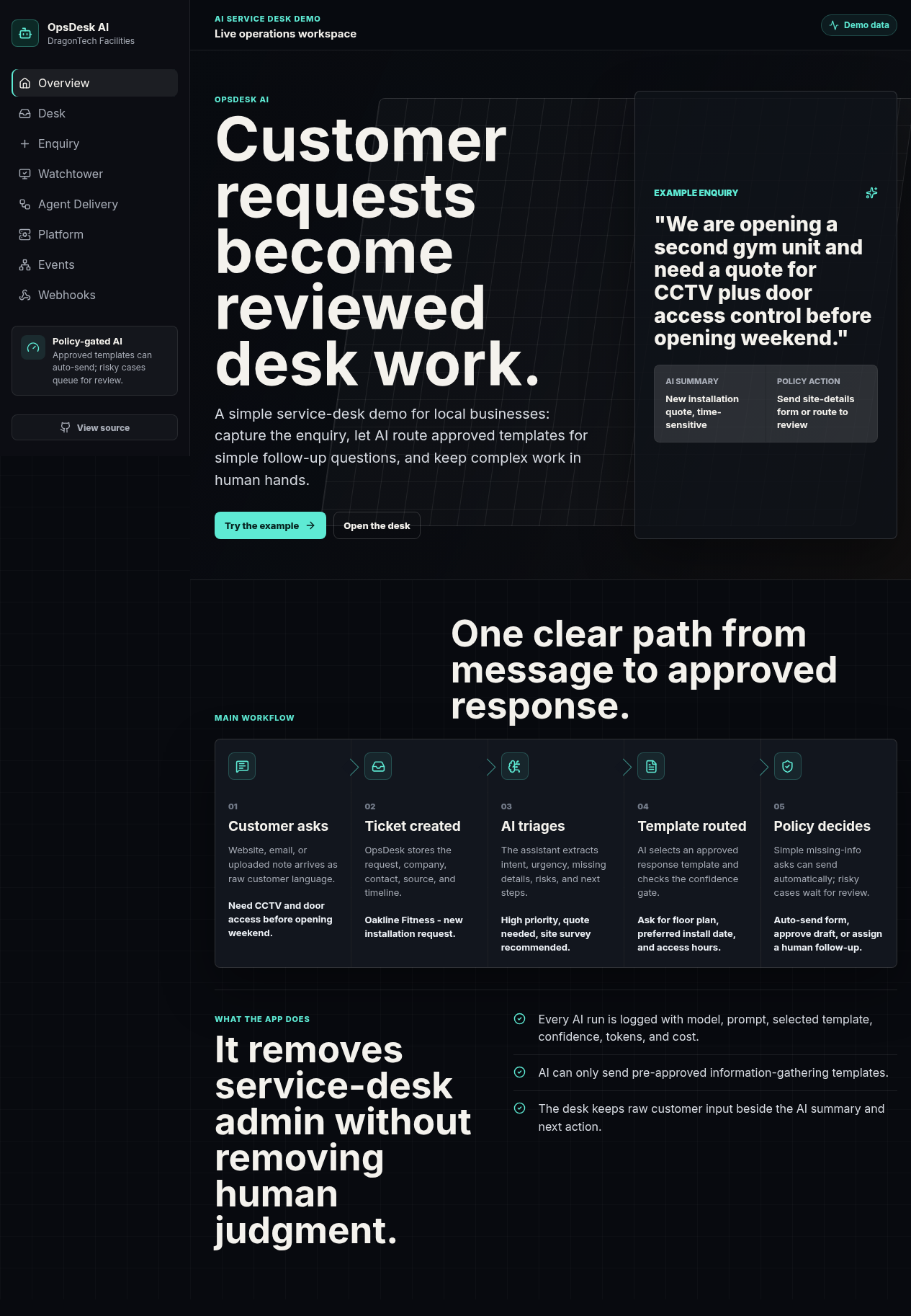 OpsDesk AI service desk with enquiry triage and human approval controls
