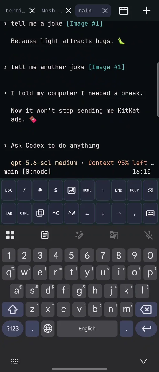 Terminal Spike running a remote coding session on an Android phone